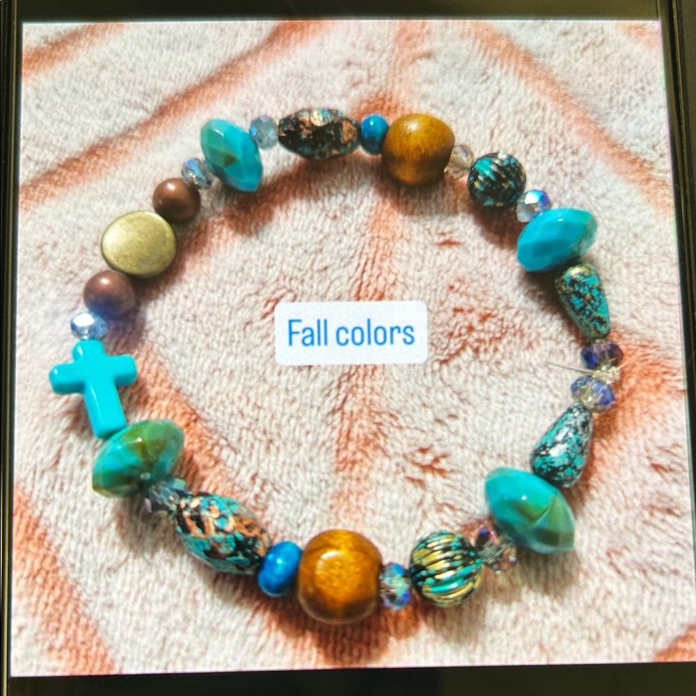 Multicolor Shades of Blue Beaded Bracelet with Cross Charm